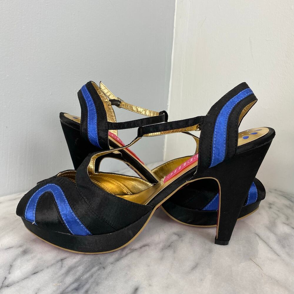 Bordello Giggle 02 Black Blue Satin T Strap Peep Toe Heel Pump Pinup Size 10 New - Picture 8 of 9